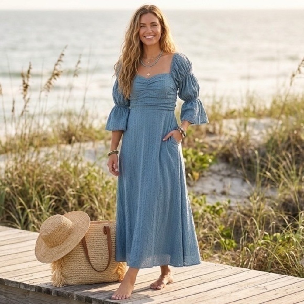 Worth Collective Slate Blue Corrine Maxi Dress M Coastal Boho Chic Cottagecore